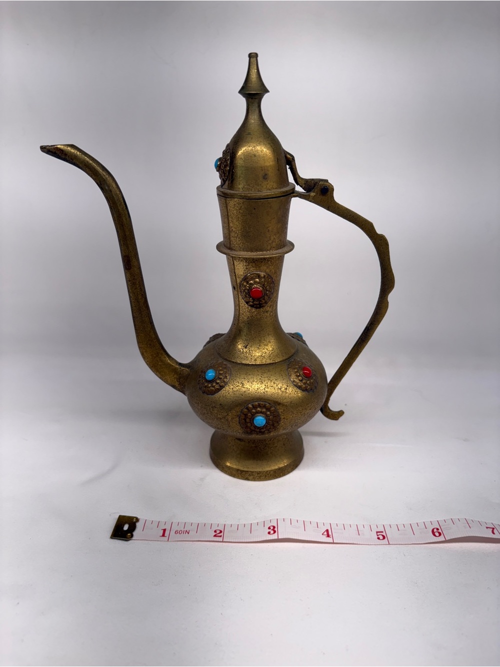 Vintage Brass Dallah Coffee Pot Jeweled Turquoise Coral Accents Ewer Genie